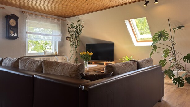 Ein gemütliches Wohnzimmer mit Ledersofa, Flachbildfernseher und einem großen Fenster mit Vorhängen.