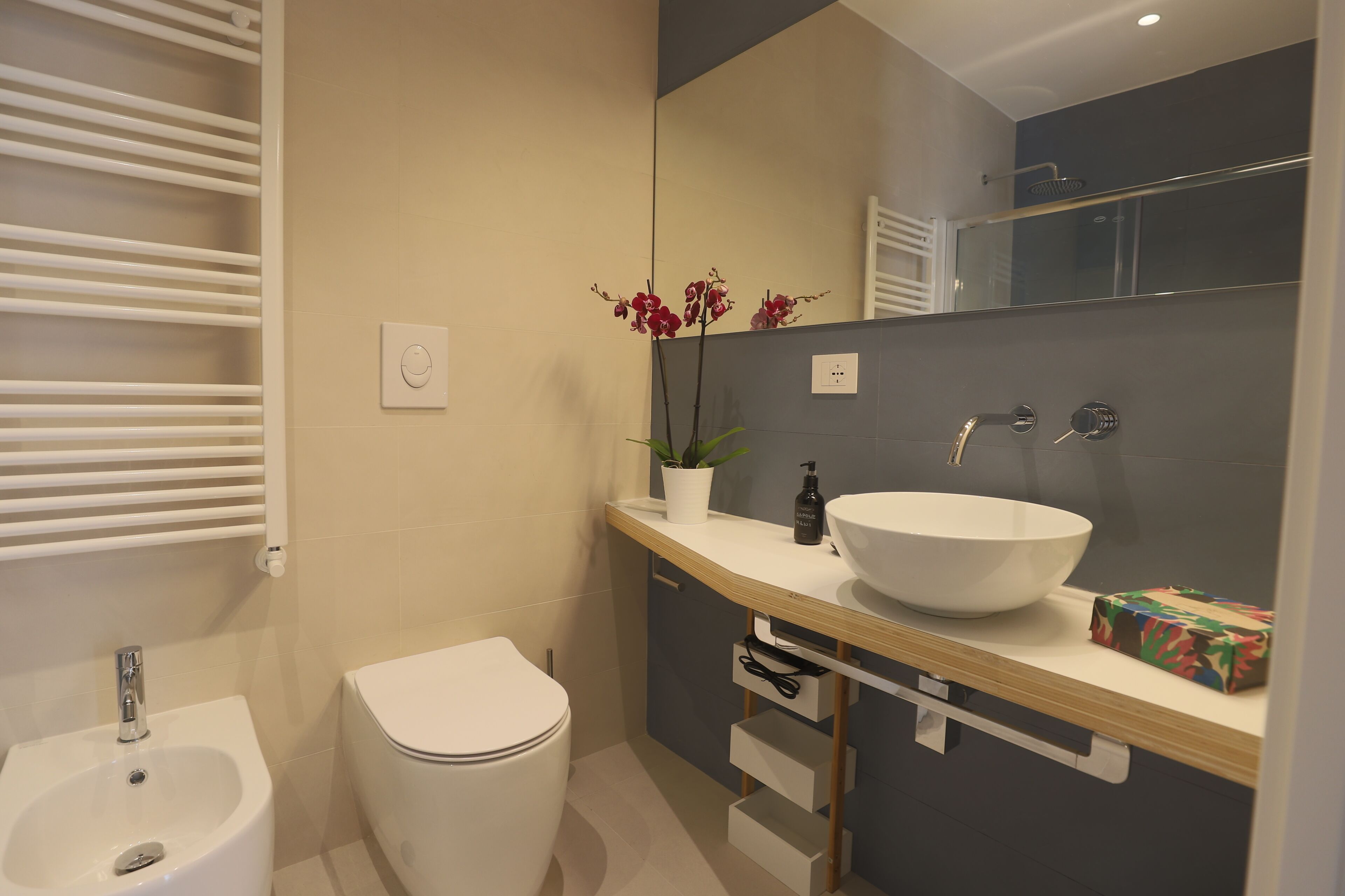Une salle de bain moderne avec un lavabo blanc, des toilettes, un porte-serviettes, un miroir et une plante en pot.