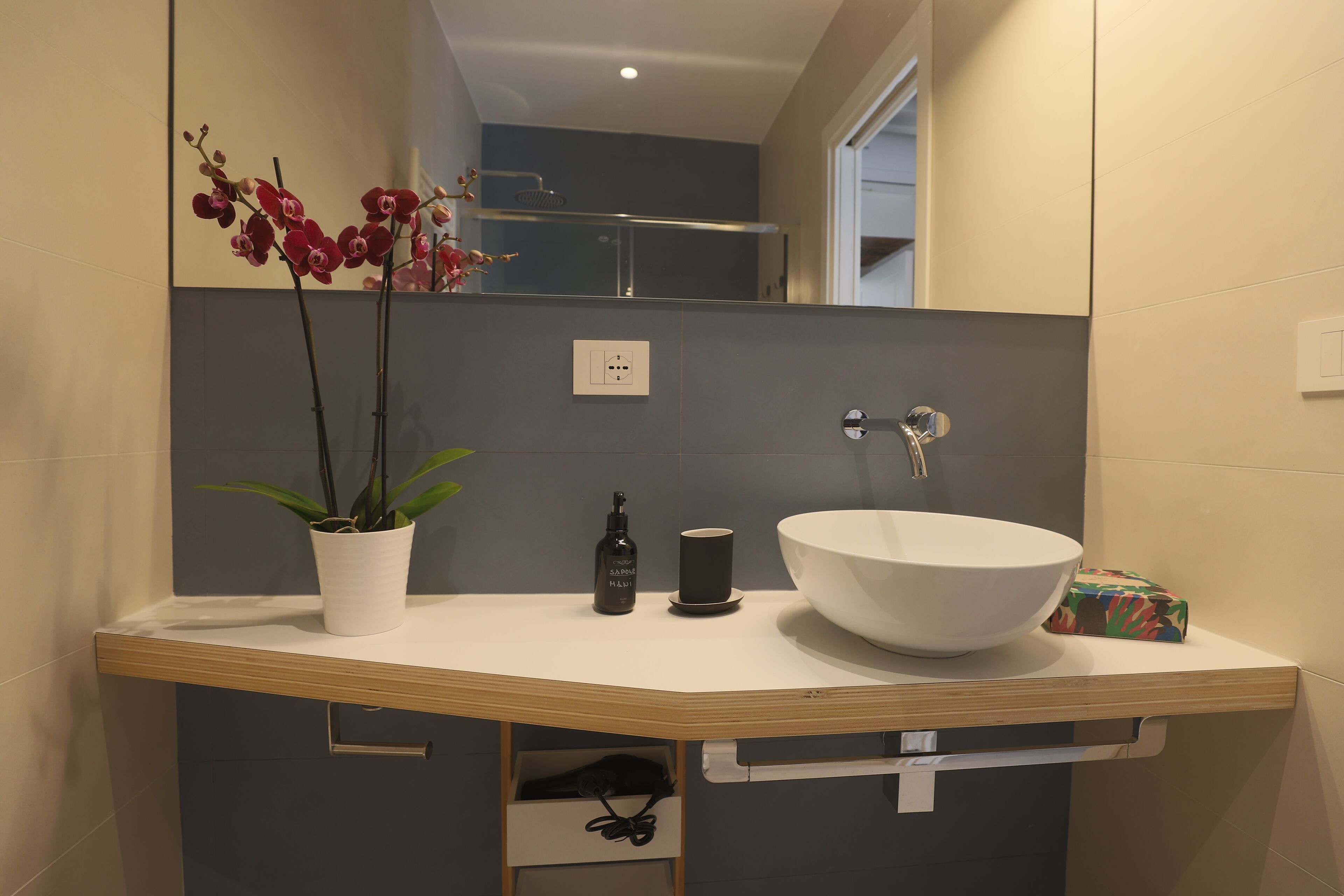 A modern bathroom with a white sink, a mirror, and a potted orchid.