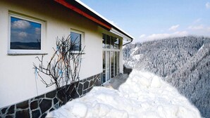 Une maison moderne avec des fondations en pierre, de grandes fenêtres et une vue sur une chaîne de montagnes enneigées.