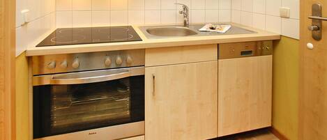 A compact kitchen with a built-in oven, a stovetop, a sink, and a dishwasher.