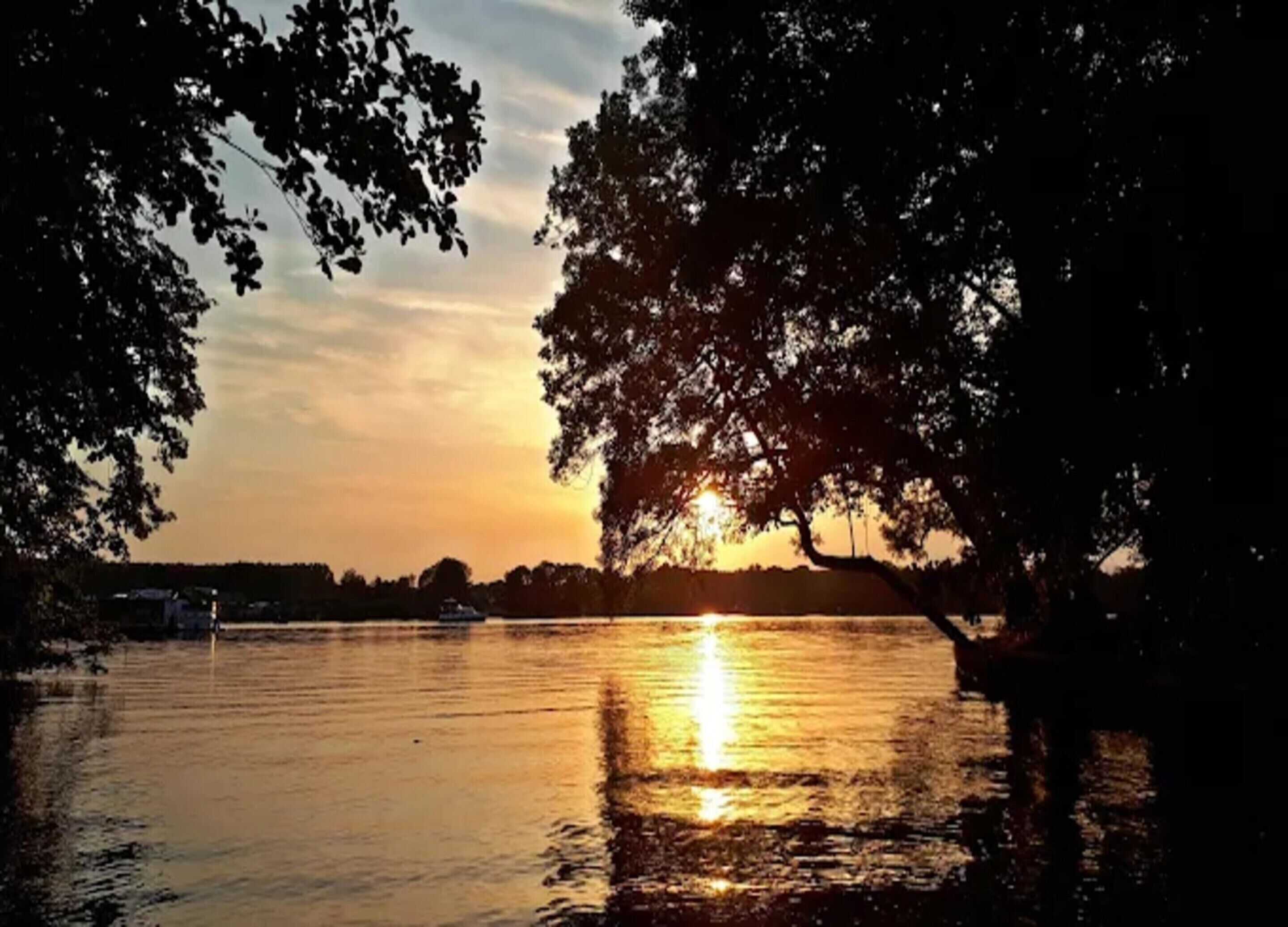 Ein Sonnenuntergang über ruhigem Wasser, im Hintergrund ein Boot und Bäume, die das Bild einfassen.