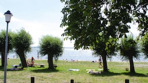 A grassy area with trees and a lamp post, near a body of water. - Ferienhauser am Kummerower See, Verchen (Verchen)