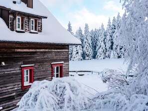 A wooden cabin with red-framed windows, surrounded by snow-covered trees. - Ferienhauser, Torfhaus (Clausthal-Zellerfeld)