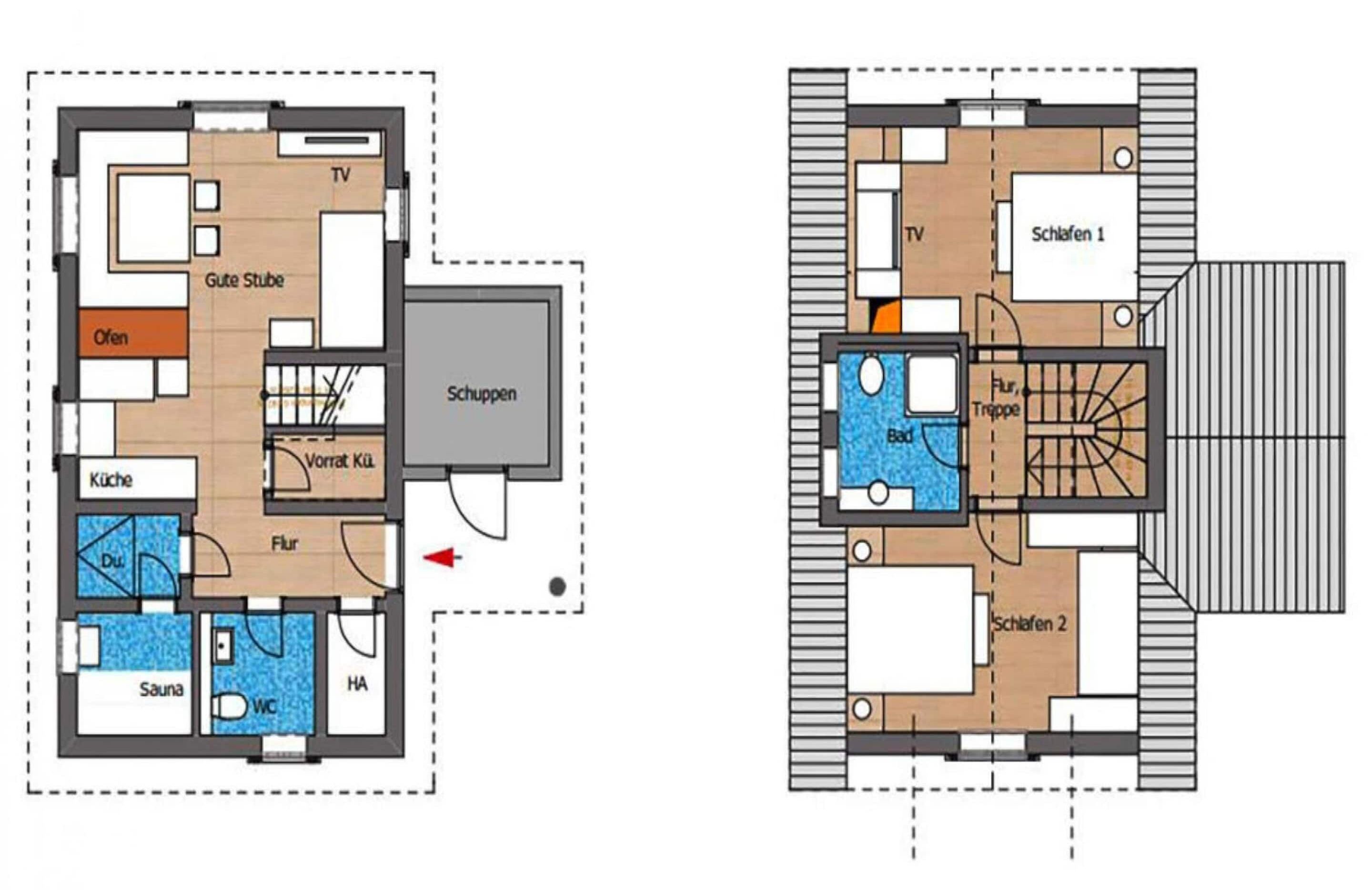 Een plattegrond van een hotelkamer met een televisie, kitchenette, badkamer en een zwembadgedeelte.