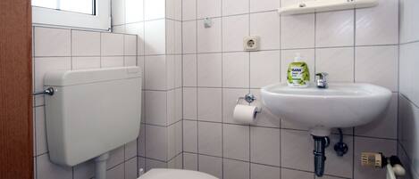 Ein kleines Badezimmer mit Toilette, Waschbecken und Fenster.