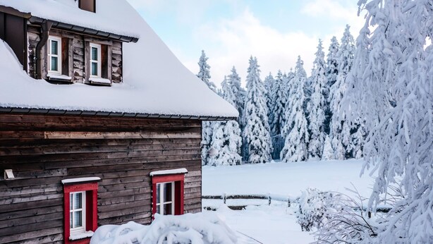 En stuga av trä med rödfärgade fönsterramar, omgiven av snötäckta träd.