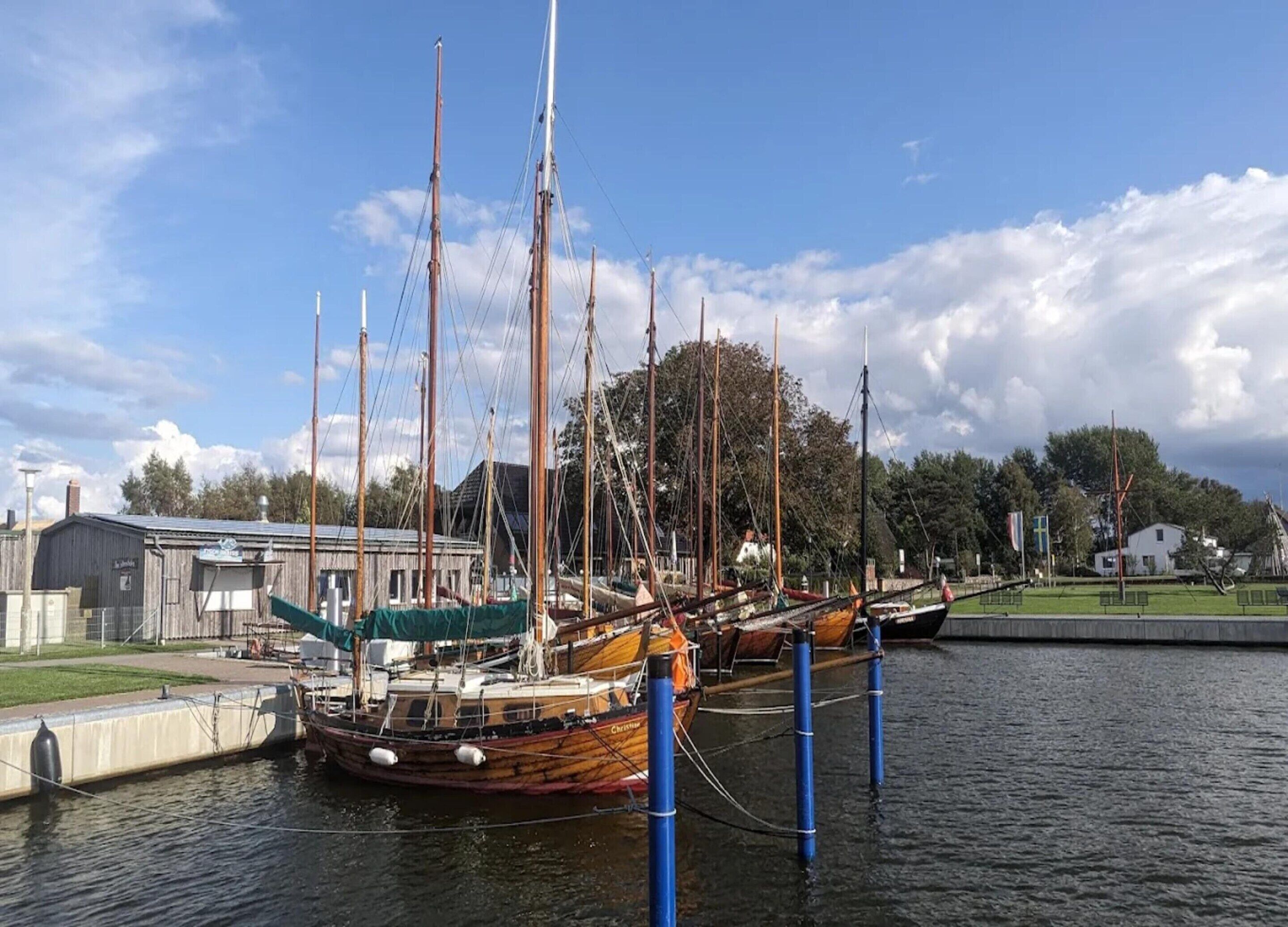 A marina with several sailboats docked, a grassy area, and buildings in the background.