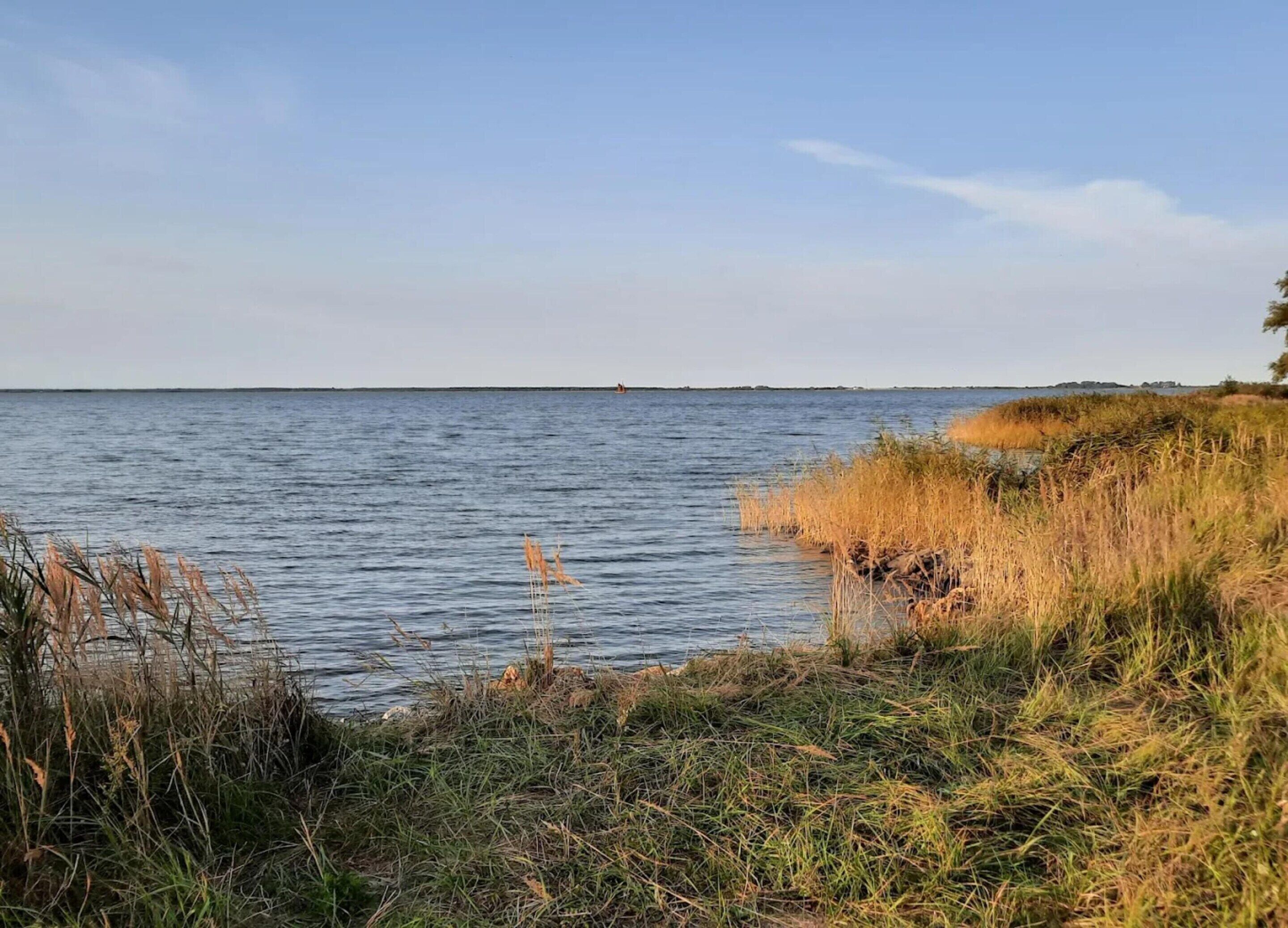 Une étendue d’eau calme, bordée de rives verdoyantes et s’étendant jusqu’à une côte lointaine.