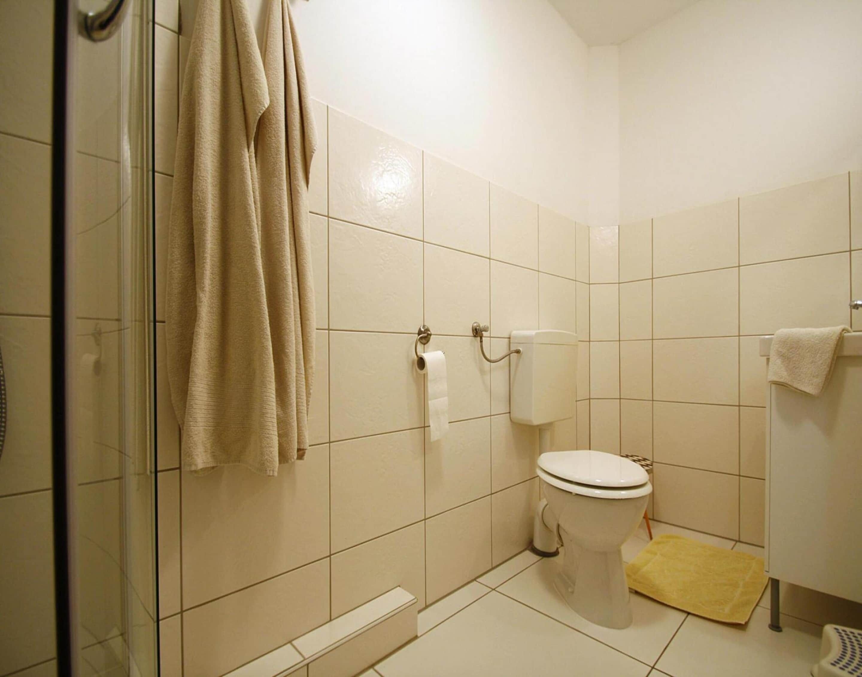 Et badeværelse med toilet, bruser og glasdør.