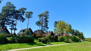 A row of houses with a grassy lawn and trees in the background. - Ferienhaus Muritzzeit in Robel an der Muritz (Röbel/Müritz)