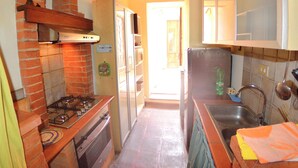 A narrow kitchen with a brick wall, a gas stove, a refrigerator, and a sink. - Holiday Home in Lucca Near Historic Walls (Lucca)