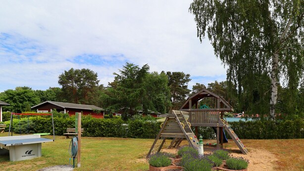 Un espace de jeux avec une structure d’escalade en bois et un toboggan, entouré d’un jardin agrémenté de jardinières circulaires.