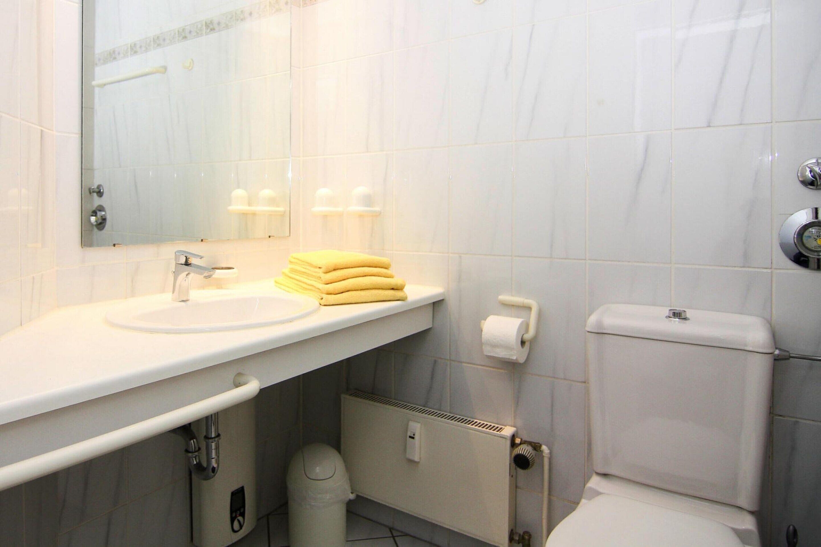 Kylpyhuoneessa on valkoinen pesuallas, peili ja wc-istuin. Pesualtaalla on pino pyyhkeitä, ja wc-paperirulla on näkyvillä.