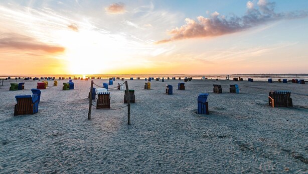 A beach with rows of beach chairs and umbrellas, a wooden fence, and a sunset in the background. - Gemuetliches Reihenhaus mit Garten (Dornum)