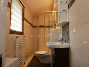 A modern bathroom with a glass-enclosed shower, a white toilet, and a sink with a mirror.