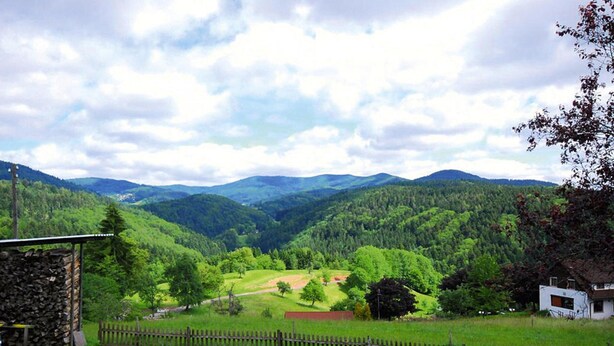 A rural landscape with a stone building, a wooden fence, and a view of rolling hills and forests. - Apartment in Sallneck Near Nonnenmattweiher Lake (Kleines Wiesental)