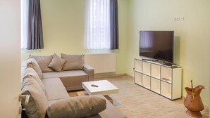 Ein modernes Wohnzimmer mit einer Couch, einem Couchtisch, einem Fernseher auf einem Schrank und einer Heizung.