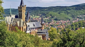 Eine historische Stadt mit einem markanten Schloss, das mehrere Türme und eine Kirche mit einem Spitzturm zeigt.