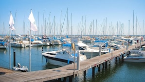 A marina with numerous boats docked at wooden piers. - Ferienwohnung, Gromitz (Groemitz)