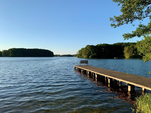Une jetée en bois s’étendant dans un lac paisible, entourée d’une forêt dense.