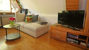 Un salon avec un canapé, une table basse, un téléviseur et une bibliothèque.