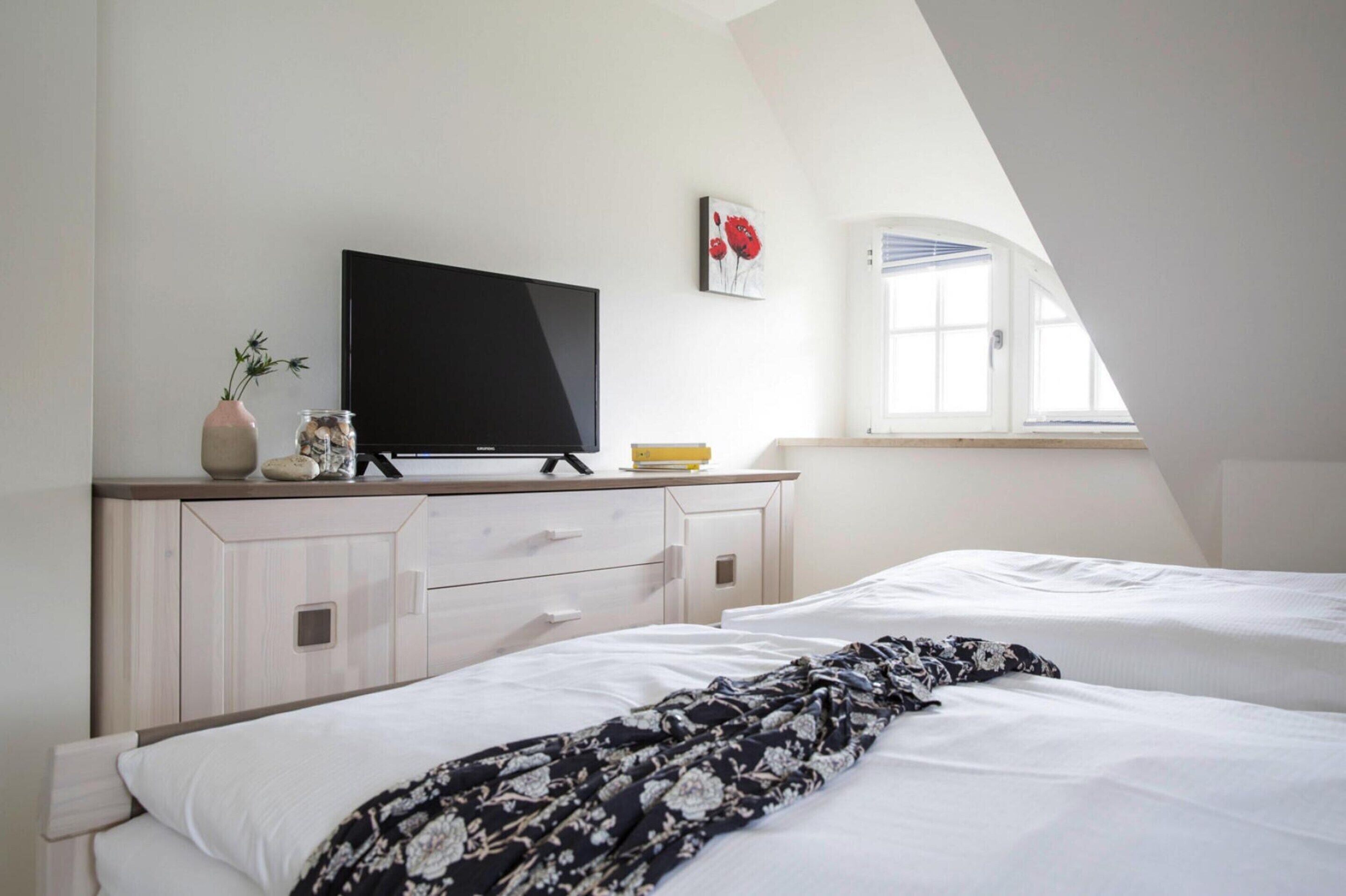 Une chambre avec deux lits, un téléviseur posé sur une commode en bois, un vase avec une plante et une fenêtre donnant sur un paysage.