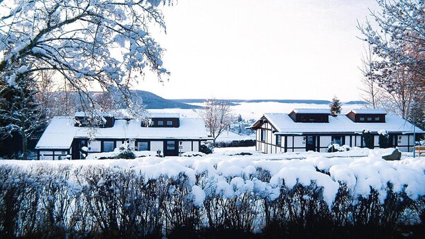 Schneebedeckte Landschaft mit zwei Häusern, eines im traditionellen Stil und das andere modern, umgeben von Bäumen und einem klaren Himmel.