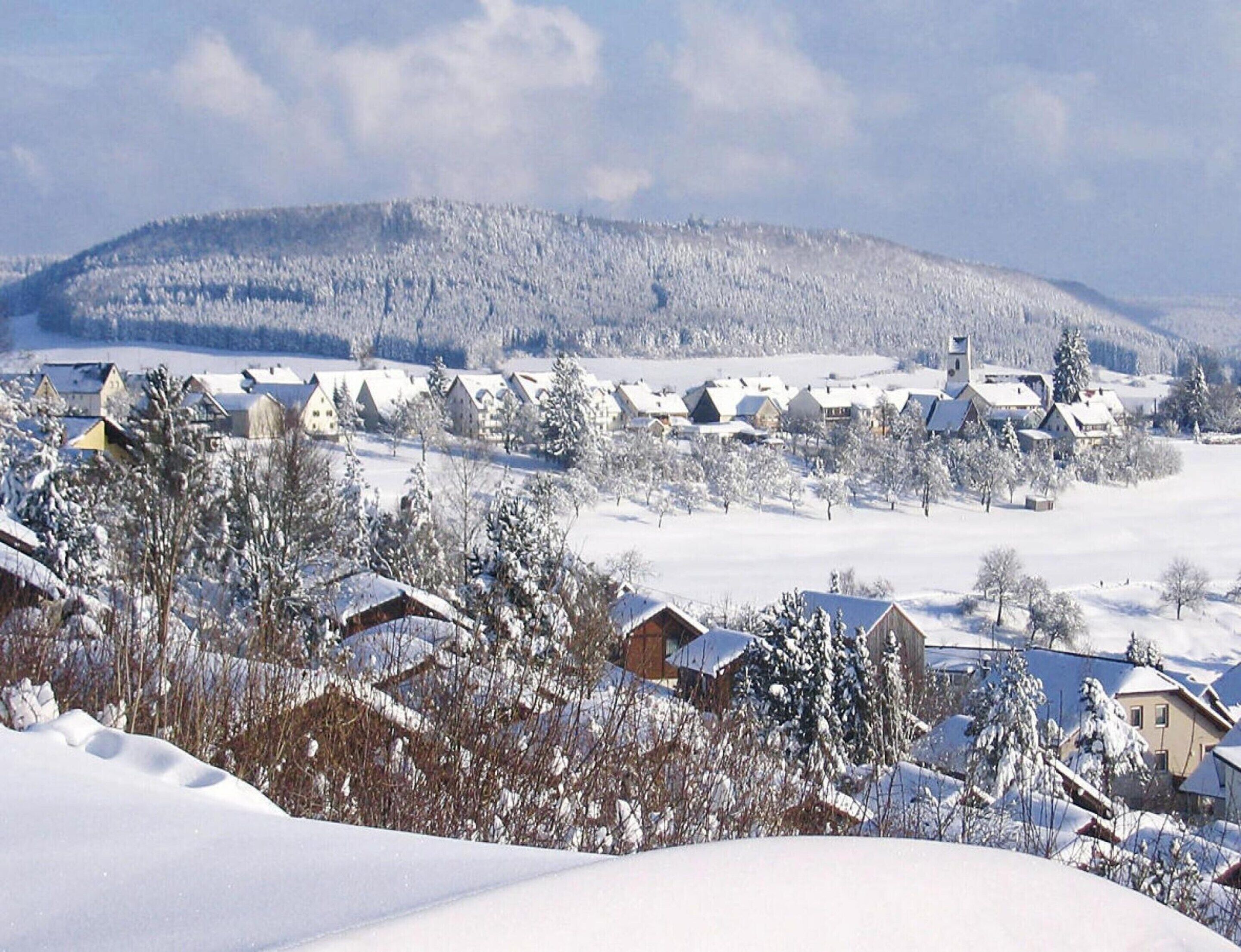 A snow-covered village with houses and a church, surrounded by a forested hill.