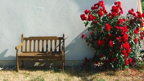 A wooden bench against a white wall with red flowers nearby. - Ferienwohnungen am Flacher See, Klocksin (Klocksin)