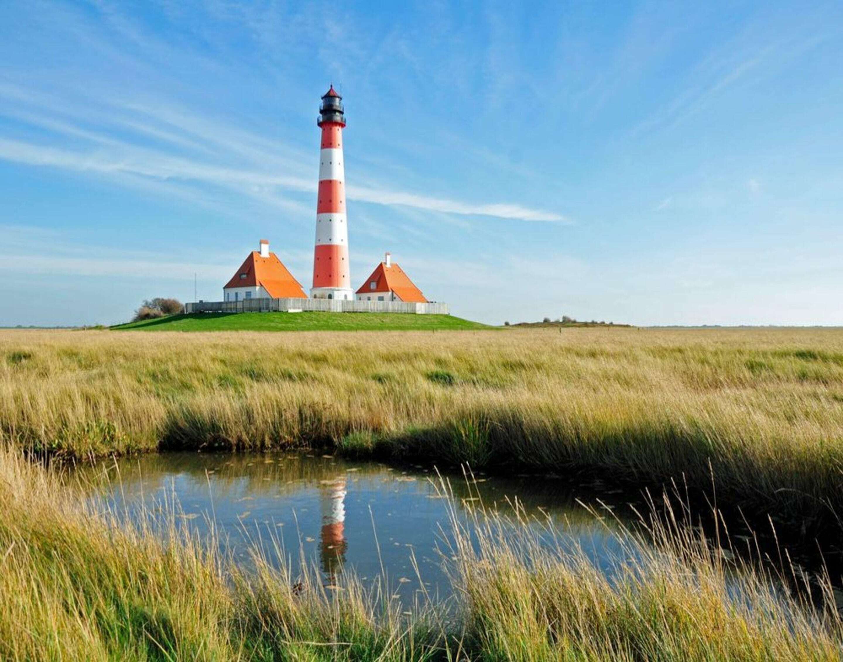 A lighthouse with a red and white striped tower, a small building with a red roof, and a calm water body in the foreground.