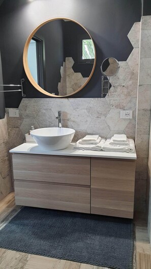 Shower, hair dryer, bidet, towels