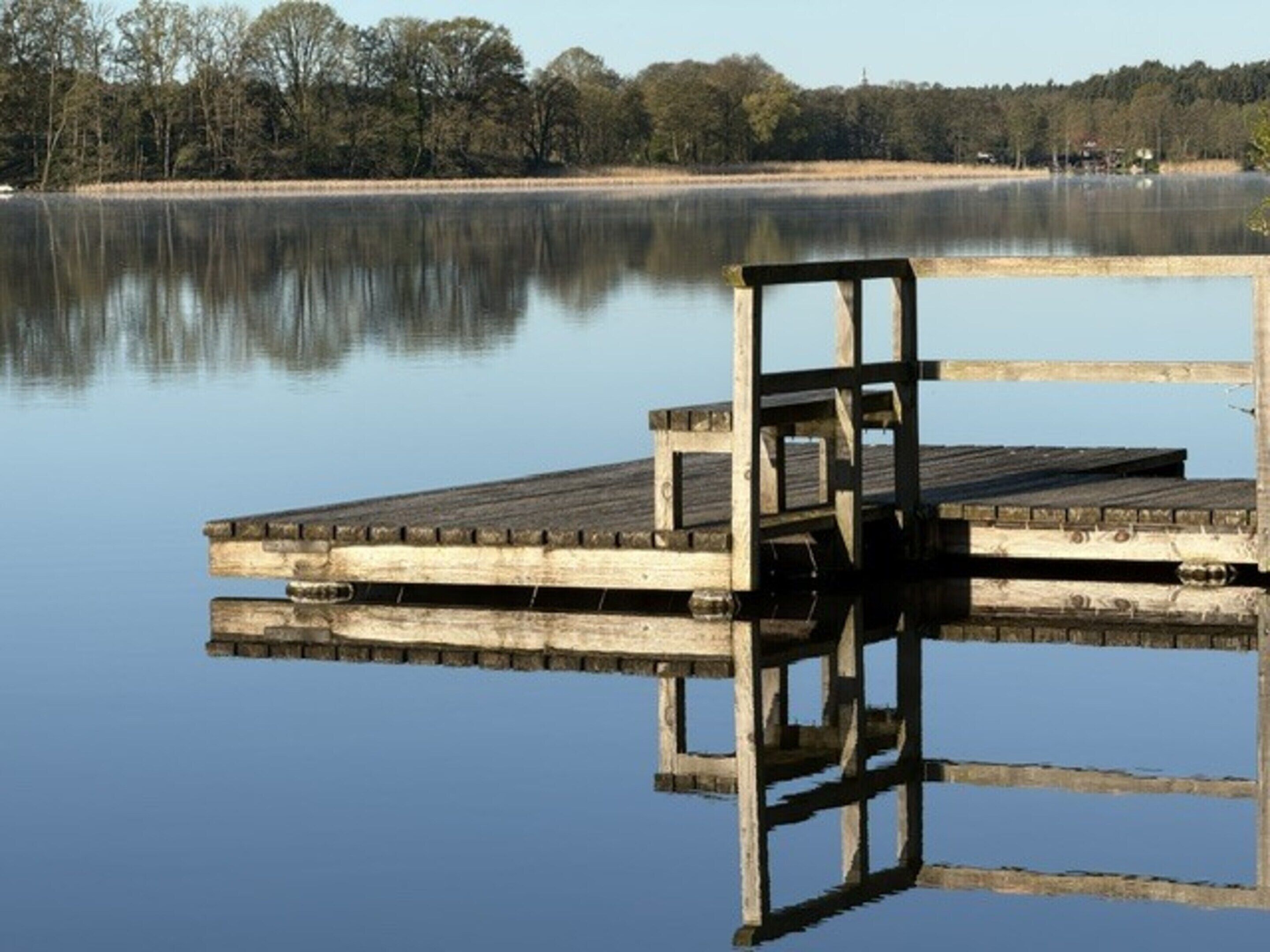 Una banchina in legno che si estende in un lago calmo con un riflesso limpido, circondata da alberi e da una riva lontana.