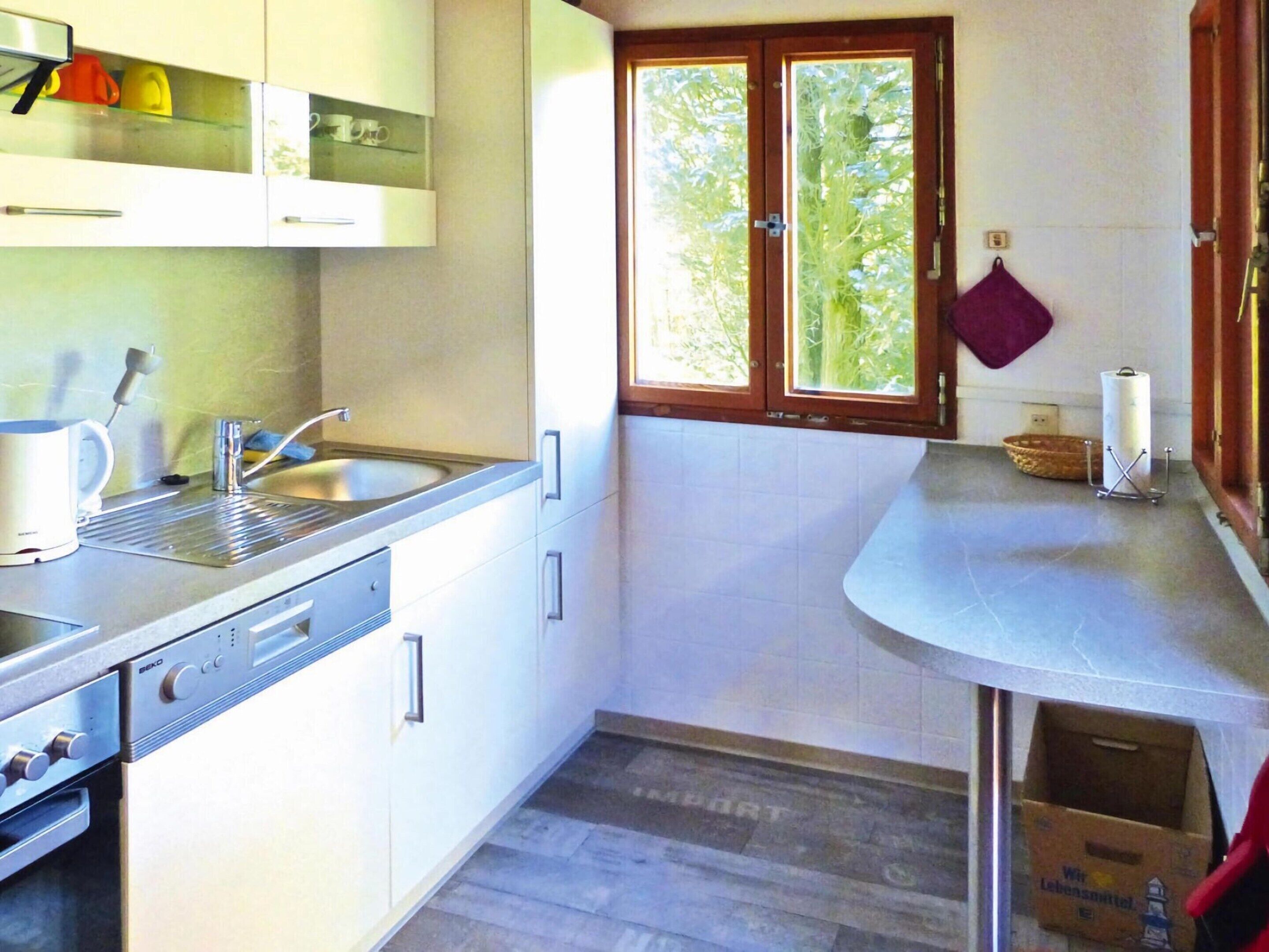 Une cuisine équipée d’un évier, d’une cuisinière et de placards. Une fenêtre offre une vue sur les arbres à l’extérieur.