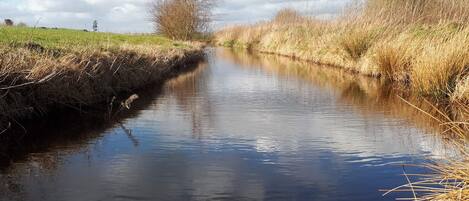 A narrow waterway flanked by grassy banks and a clear sky.