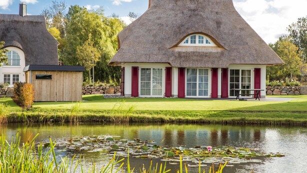 A traditional thatched-roof house with a pond in front, surrounded by greenery. - Ferienhaus in Fuhlendorf (Fuhlendorf)