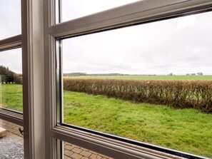 A window with a view of a field and a hedge.