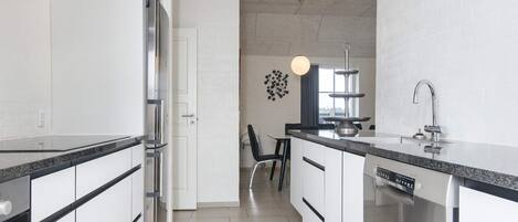 A modern kitchen with a stainless steel refrigerator, a built-in dishwasher, and a black countertop.