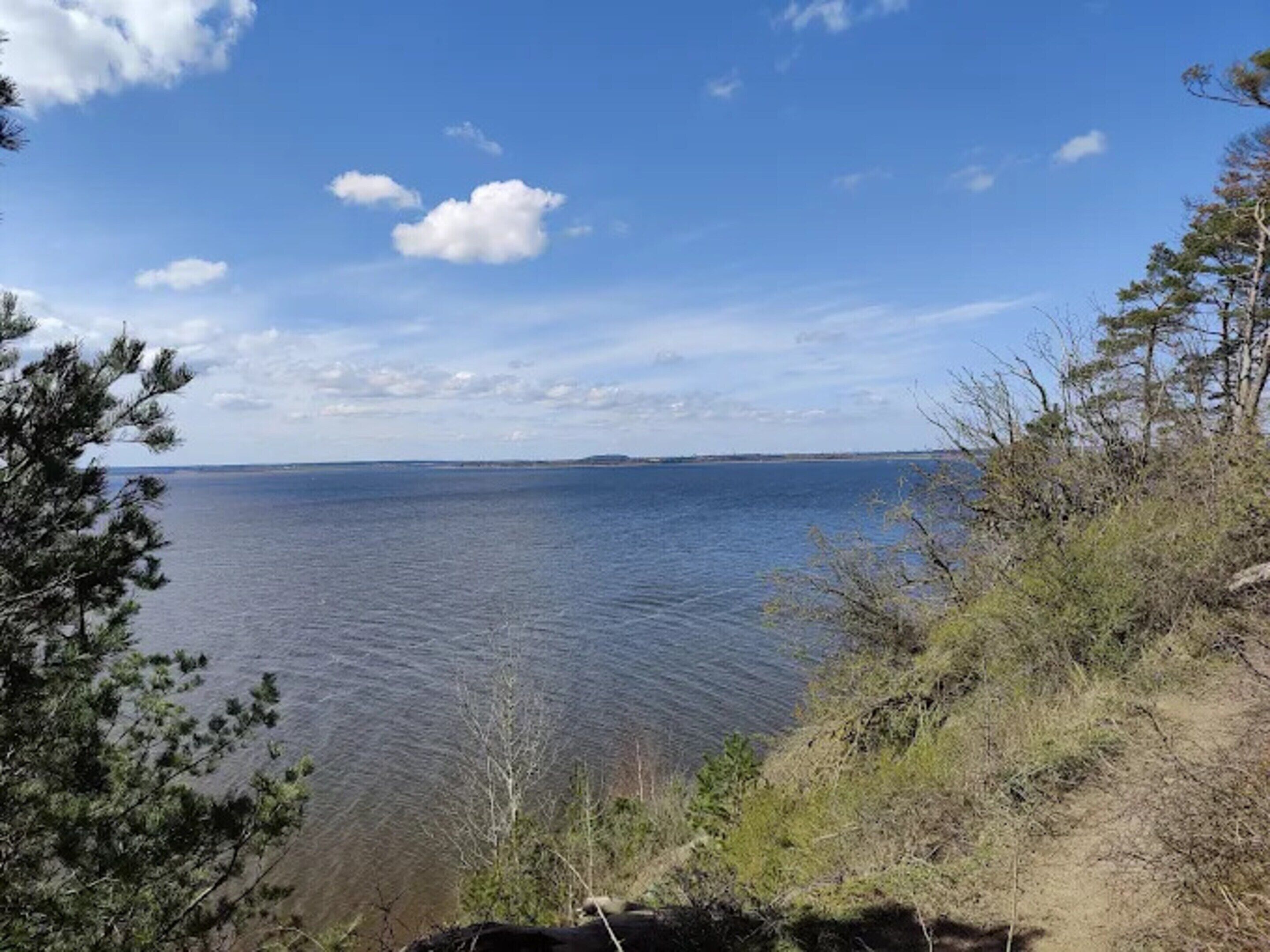 Een kustlandschap met heldere lucht, kalm water en schaarse begroeiing.