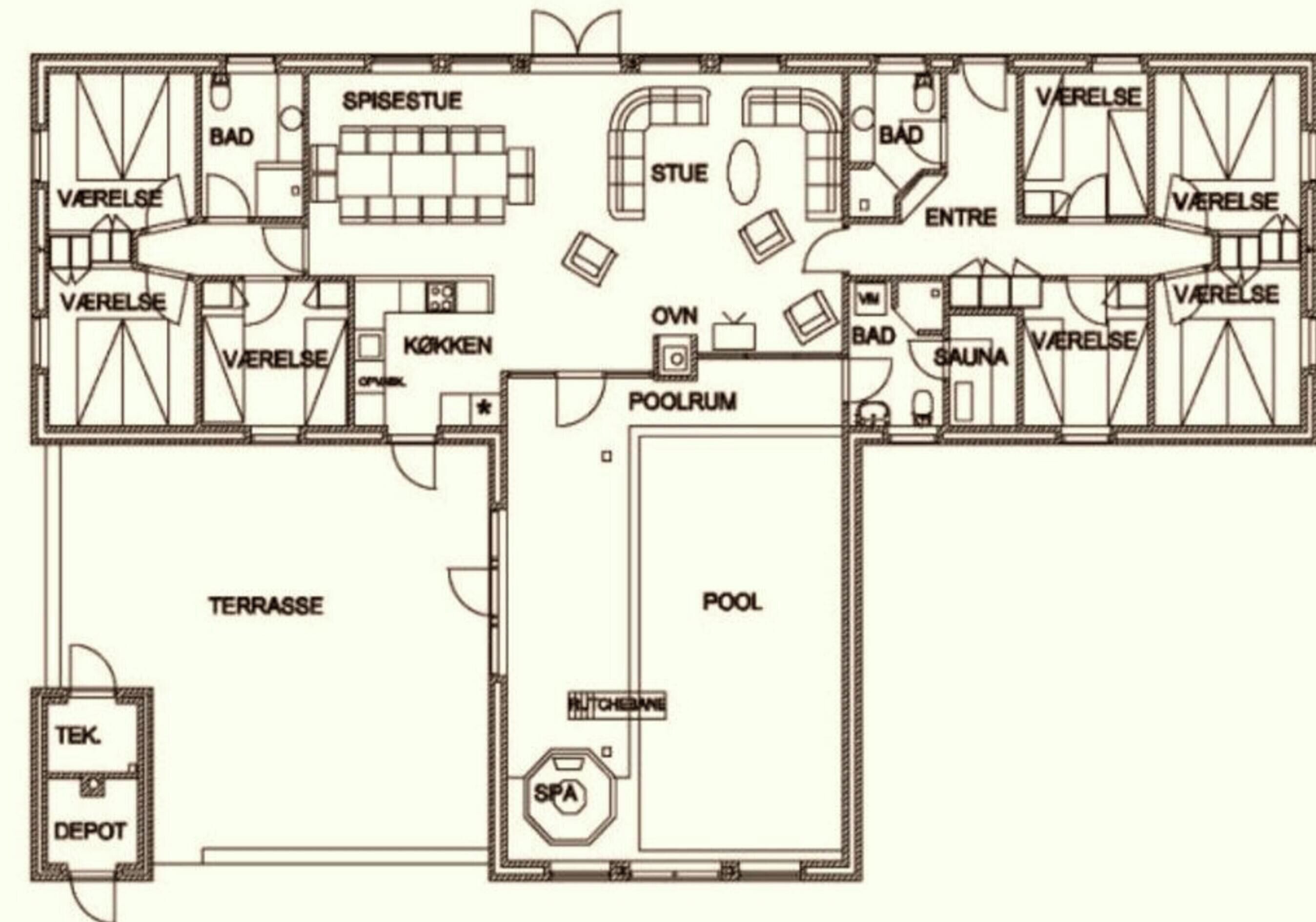 A floor plan with a SPA, POOL, TERRASSE, and multiple VÆRELSE rooms.