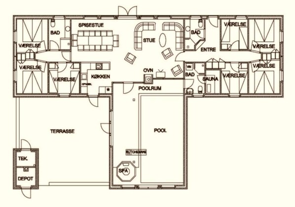 A floor plan of a hotel with labeled rooms including SPA, POOL, and TERRASSE.