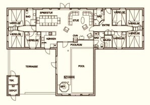 A floor plan of a hotel with labeled rooms including SPA, POOL, and TERRASSE.