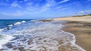 A beach with waves, a clear sky, and a sandy shore.