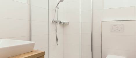 Shower, hair dryer, soap, toilet paper