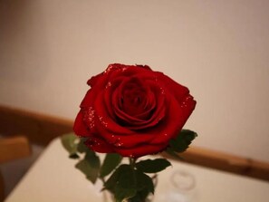 A single red rose in a clear glass vase on a table. - Klasse Apartment mit Balkon St. Anton am Arlberg (Sankt Anton am Arlberg)