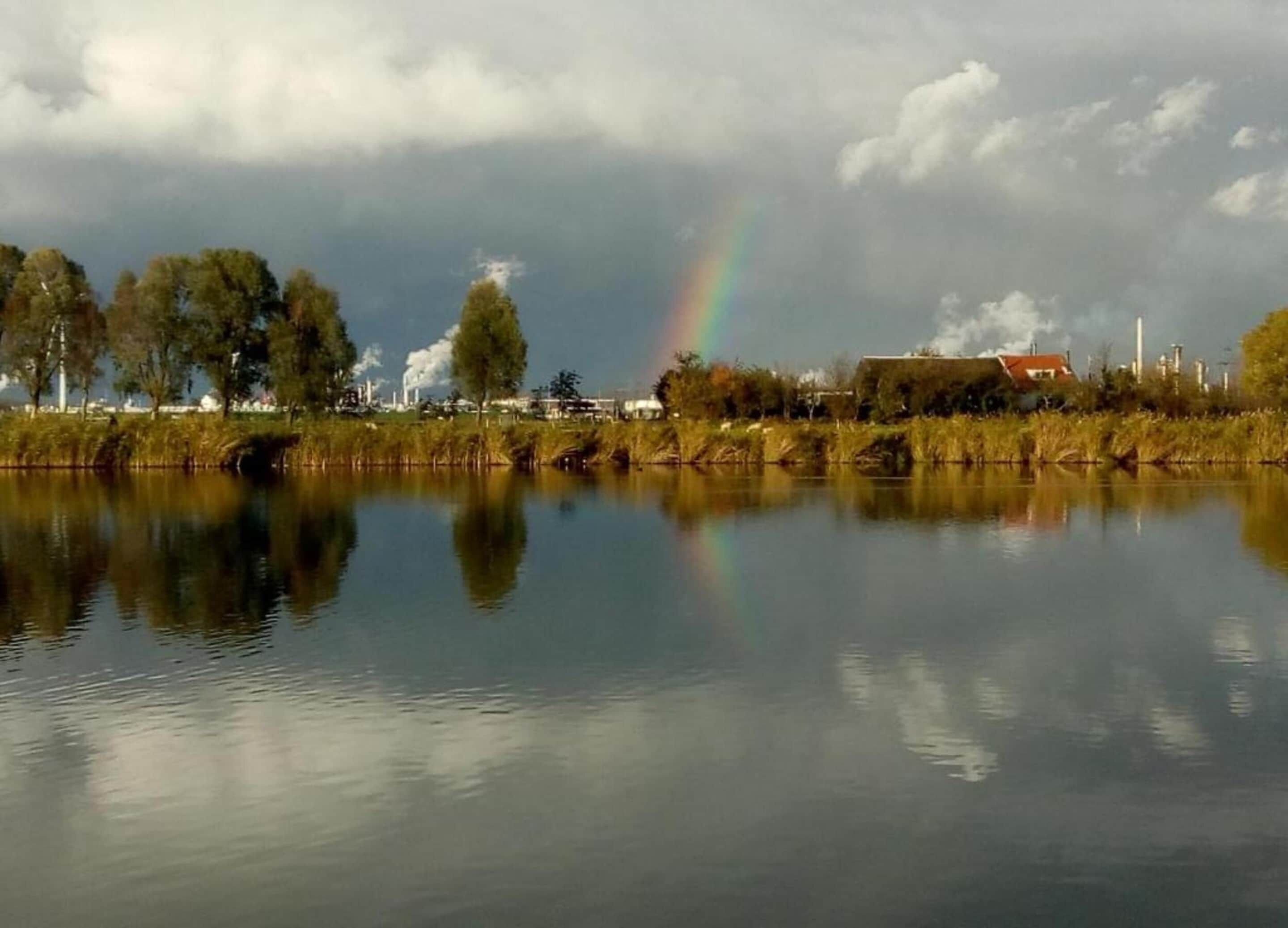 Een rustig meer met een regenboog, bomen en industriële gebouwen op de achtergrond.