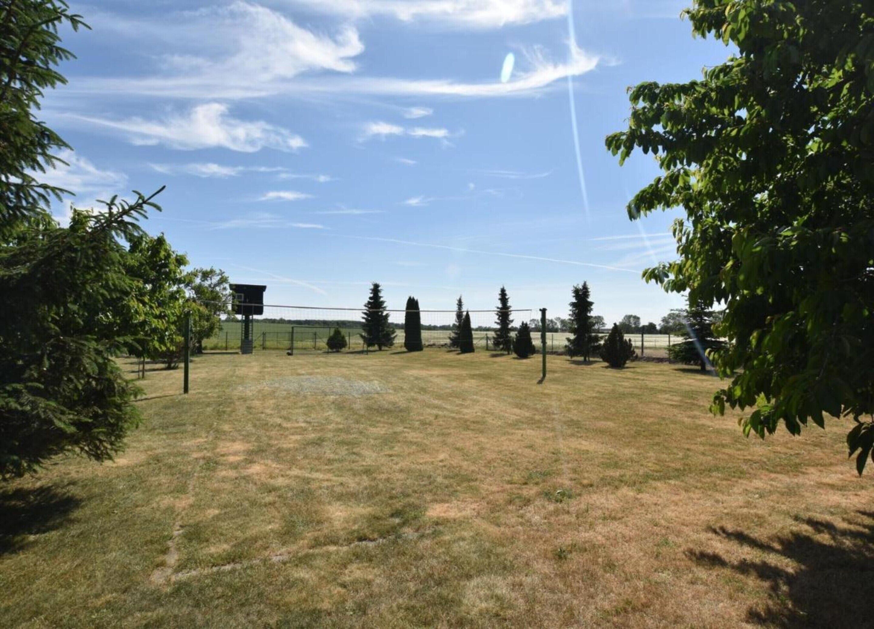 An open grassy field with trees and a fenced area.