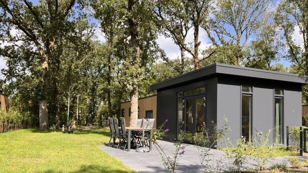 Un espace extérieur moderne aménagé avec une table et des chaises, entouré d’une pelouse bien entretenue et d’arbres.