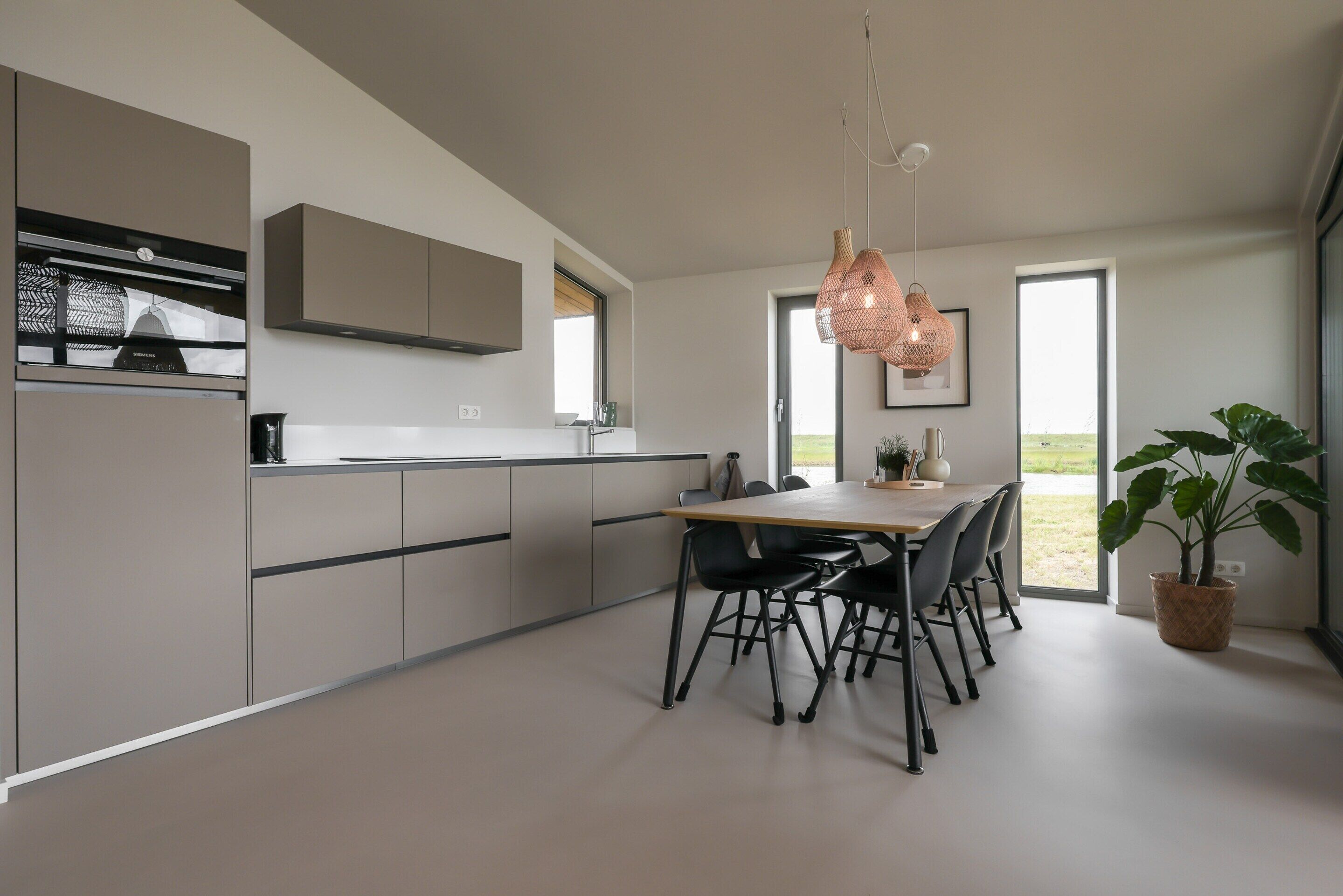 A modern kitchen with a dining area, large windows, and a potted plant.