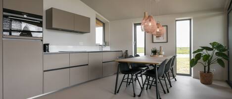 A modern kitchen with a dining area, large windows, and a potted plant.